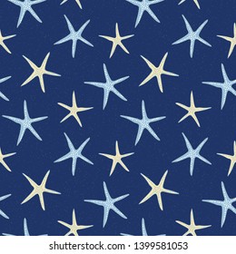 Scattered sea stars seamless pattern on dark blue textured background. For textiles, swimwear, beach house decor,  gift wrapping paper and beach wedding invitations. Beachy summer look.