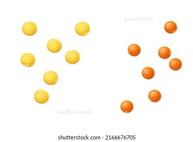 Scattered seeds of red and yellow (football) lentil isolated on white background. Top view. Realistic vector illustration.