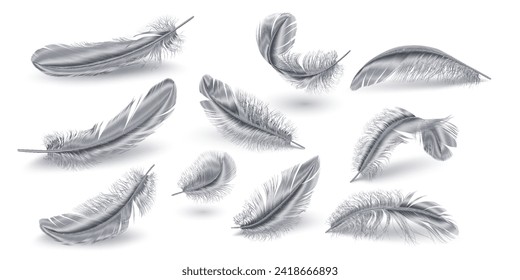 Scattered silver feathers realistic vector illustration collection. Grey bird plumage set. Metallic quills 3d elements on white background