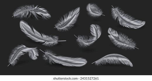 Scattered silver feathers realistic vector illustration collection. Grey bird plumage set. Metallic quills 3d elements on dark background