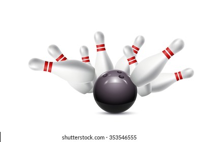 Scattered skittle and bowling ball. Vector illustration