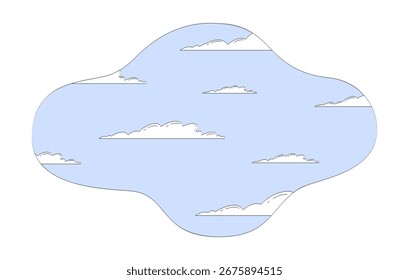 Nubes suaves dispersas en el cielo azul ilustración de dibujos animados de doodle de forma irregular. Ambiente de paisaje nuboso. Clima, viaje, fondo plano de ensueño 2D aislado en blanco. Doodleart dibujado a mano colorido