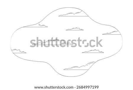 Scattered soft clouds on sky irregular shape doodle lineart illustration. Cloudscape atmosphere. Weather, travel, dream 2D line ink background isolated on white. Monochrome vector outline hand-drawn