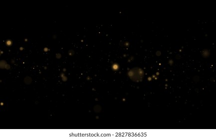 Scattered soft golden bokeh lights on a dark black background with varying sizes and blur intensity on transparent background