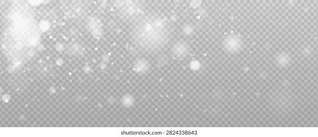 Scattered soft white bokeh light particles on transparent background with glowing effect on transparent background