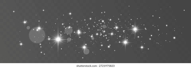 Partículas de luz brillantes dispersas con destellos de lente sobre fondo transparente.