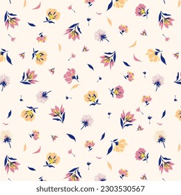 Scattered spring flowers and leaves pattern textile design print