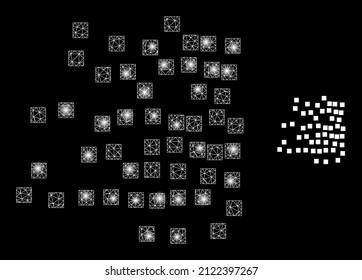 Scattered square particles icon and glowing net mesh scattered square particles structure with flare light spots.