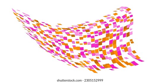 Scattered square particles ornament. Mosaic flight wind. Windy destroyed cell wall. Flight colored tiles flock direction stream.Leaf fall conditional parts single whole. Crash curved colored surface.