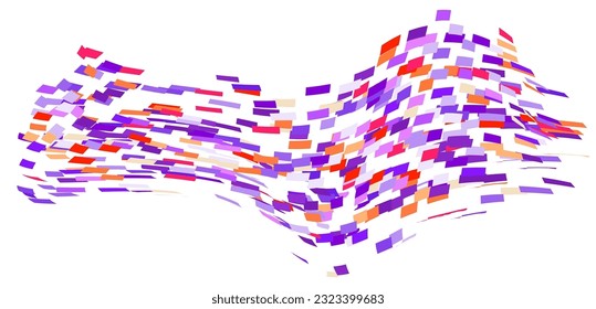 Ornamento de partículas cuadradas dispersas. Viento de vuelo mosaico. El viento destruyó la pared celular. Las baldosas coloreadas de vuelo se desplazan hacia el flujo.Las partes condicionales de caída de hoja se unen enteras. Superficie de color curvada de choque.