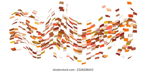 Scattered square particles ornament. Mosaic flight wind. Windy destroyed cell wall. Flight colored tiles flock direction stream.Leaf fall conditional parts single whole. Crash curved colored surface.