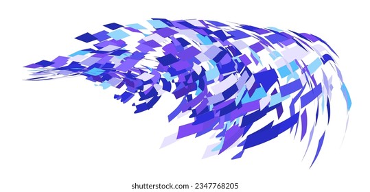 Ornamento de partículas cuadradas dispersas. Viento de vuelo mosaico. El viento destruyó la pared celular. Las baldosas coloreadas de vuelo se desplazan hacia el flujo.Las partes condicionales de caída de hoja se unen enteras. Superficie de color curvada de choque.