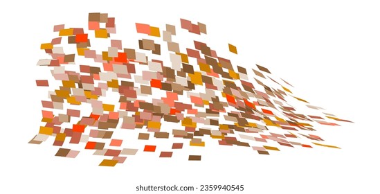 Ornamento de partículas cuadradas dispersas. Viento de vuelo mosaico. El viento destruyó la pared celular. Las baldosas coloreadas de vuelo se desplazan hacia el flujo.Las partes condicionales de caída de hoja se unen enteras. Superficie de color curvada de choque.