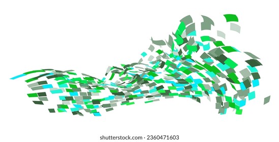 Scattered square particles ornament. Mosaic flight wind. Windy destroyed cell wall. Flight colored tiles flock direction stream.Leaf fall conditional parts single whole. Crash curved colored surface.
