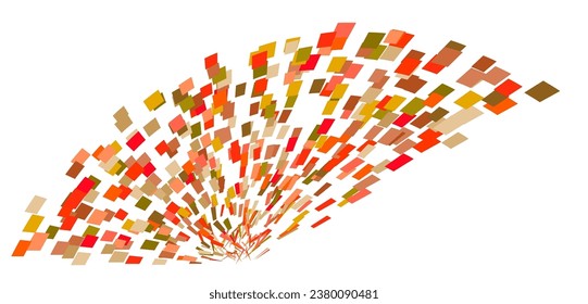Scattered square particles ornament. Mosaic flight wind. Windy destroyed cell wall. Flight colored tiles flock direction stream.Leaf fall conditional parts single whole. Crash curved colored surface.