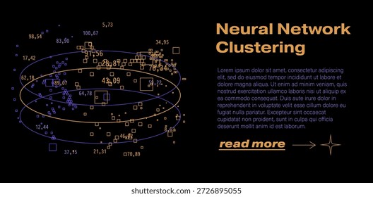 Quadrados dispersos como pontos de dados em um plano de fundo preto, agrupados em clusters contornados em linhas laranja e azuis brilhantes com valores numéricos. Ilustração vetorial conceitual para agrupamento de redes neurais, aprendizagem não supervisionada e temas de agrupamento de dados.