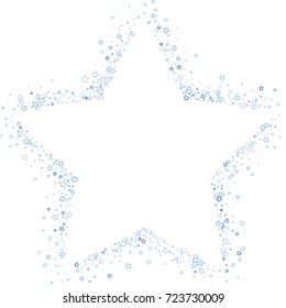 Scattered star frame on white background made of little blue stars. Scatter frame made of blue falling confetti stars. Vector illustration.