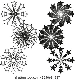 Scattered starburst composition. Abstract monochrome design. Plain white background. Graphic vector illustration.