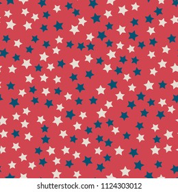 Scattered stars seamless pattern in colors of American flag: red, blue and white. United States Independence Day 4th of July or Memorial Day banner template. Retro patriotic vector illustration. 