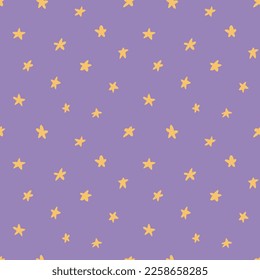 Scattered stars simple seamless pattern, yellow on violet background. Hand drawn vector illustration. Childish texture. Design concept for kids fashion print, textile, fabric, wallpaper, packaging.