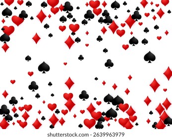 Scattered suit symbols vector backdrop. Lucky gambling design. A drift of card suit graphics. Dynamic card shower. Great for digital marketing.