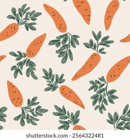 Scattered sweet turning carrots in a color palette of orange and green spread over off white background. A seamless vector pattern. Great for homedecor, fabric, wallpaper, giftwrap,stationery, packing