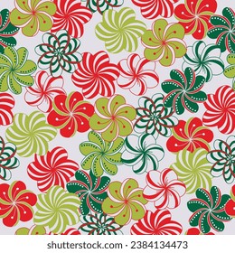 Scattered tangle-style flowers of red, green, and platinum white on a platinum background looking a bit like Christmas candies create this vector seamless repeat pattern design.