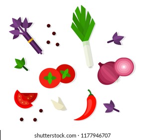 Scattered tomatoes, hot peppers, leeks, garlic, red onions and basil vector flat material design isolated on white