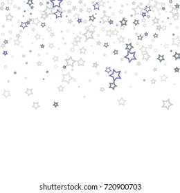 Scattered top on white background made of little blue stars. Scatter frame made of blue falling confetti stars. Vector illustration.