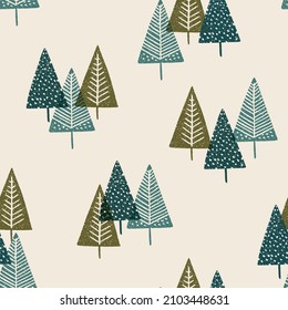 Scattered tree repeat pattern block printing design print background texture. Vector illustration. Great for kids, outdoor adventure lovers and home decor projects. Surface pattern design.