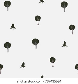 Scattered Trees. Tree landscape seamless background. Hand Drawn Design. Vector Illustration. Holiday Card. For cards, backgrounds, wallpaper, wrapping, etc.
