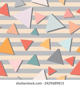 Scattered triangles on striped background vector seamless pattern