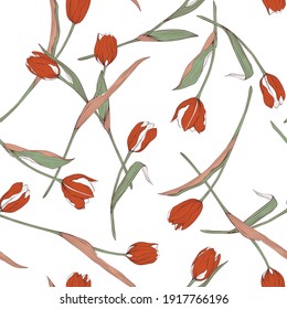 Scattered tulips. Vector seamless floral pattern on a white background.