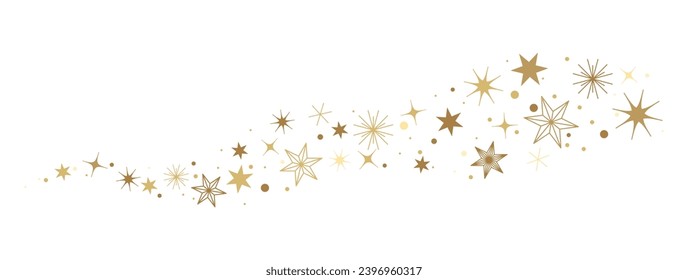 Scattered various stars and confetti isolated on a white background. Vector wave of yellow elements for holiday background decoration
