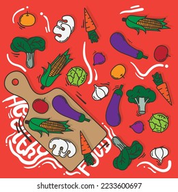 Scattered vegetables with simple vegetables and cook mat design in orange background