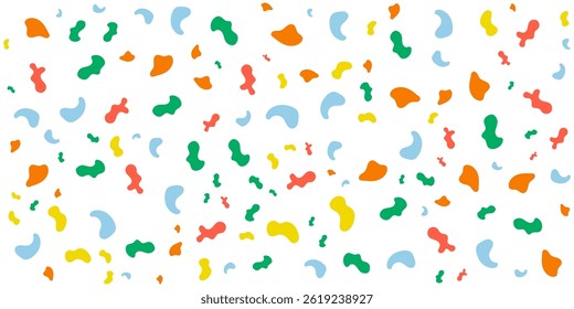 Scattered, vibrant, amoebalike shapes in blue, green, orange, yellow, and coral on a white backdrop. Simple, playful, and modern design.