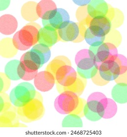 Scattered vibrant rounds with riso print effect. Artistic retro pattern on white backdrop