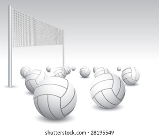 scattered volleyballs and net