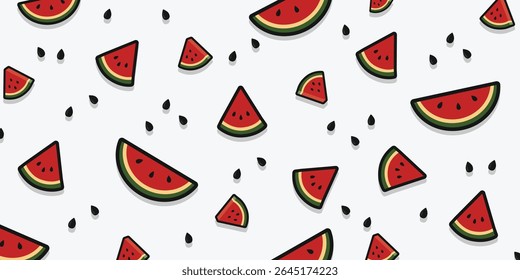 Scattered watermelon slices and seeds vector pattern. Fresh summer fruit background for vibrant designs. Playful food illustration. sstkBackgrounds