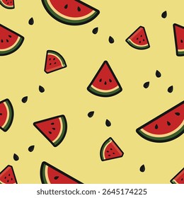 Scattered watermelon slices and seeds vector pattern. Fresh summer fruit background for vibrant designs. Playful food illustration. sstkBackgrounds