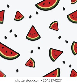 Scattered watermelon slices and seeds vector pattern. Fresh summer fruit background for vibrant designs. Playful food illustration. sstkBackgrounds