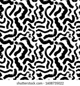 Scattered Wavy Brushstrokes Hand Drawn Vector Seamless Pattern. Monochrome Printmaking Texture. Black And White Ink Waves, Curly Lines Decorative Background. Grunge Wallpaper, Textile Design