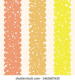 Scattered white brush texture on scalloped orange and yellow vertical stripes. Seamless geometric vector pattern on cream background. Great for wellness, cosmetic, summer, sport products, stationery