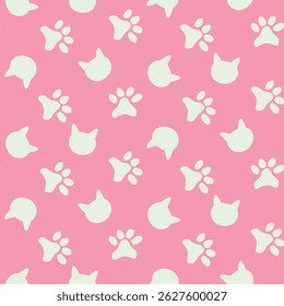 scattered White Cats Paws and Cat silhouette seamless pattern on pink background. For fabric, textile, wrapping paper and cat accessories. 