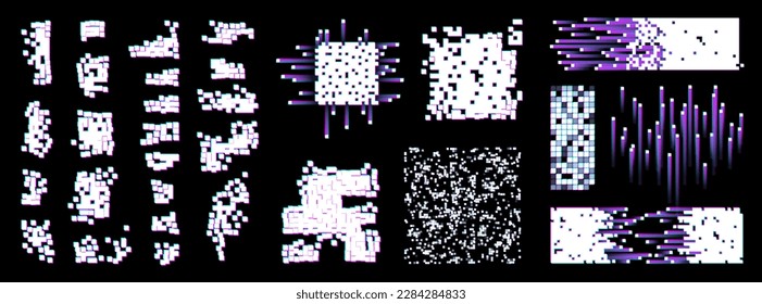 Scattered white noise texture set, pixel separation. Glitch elements, broken pixel collection, retro graphic box. Glitch fading texture, pixel glitch. Vector collection isolated on black background.