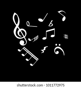 scattered white notes on a black background