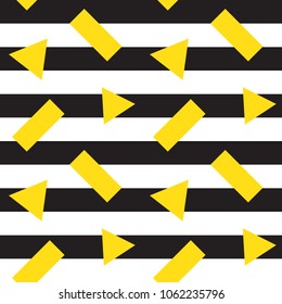 Scattered yellow triangles and rectangles on black and white striped background. Stylish seamless pattern. Trendy design concept. Modern geometric texture.