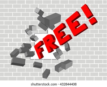 Scattering broken grey brick wall illustration of breaking free and freedom