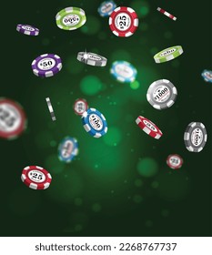 A scattering of casino chips on a green background with highlights. Realistic illustration.