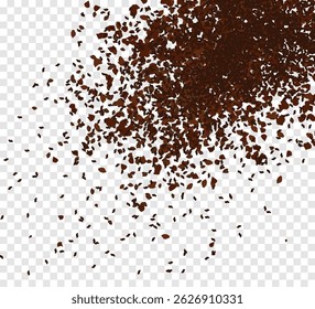 Dispersión de trozos de café o chocolate. Café molido o granos de cacao. Ilustración vectorial 3D realista aislada sobre fondo transparente.